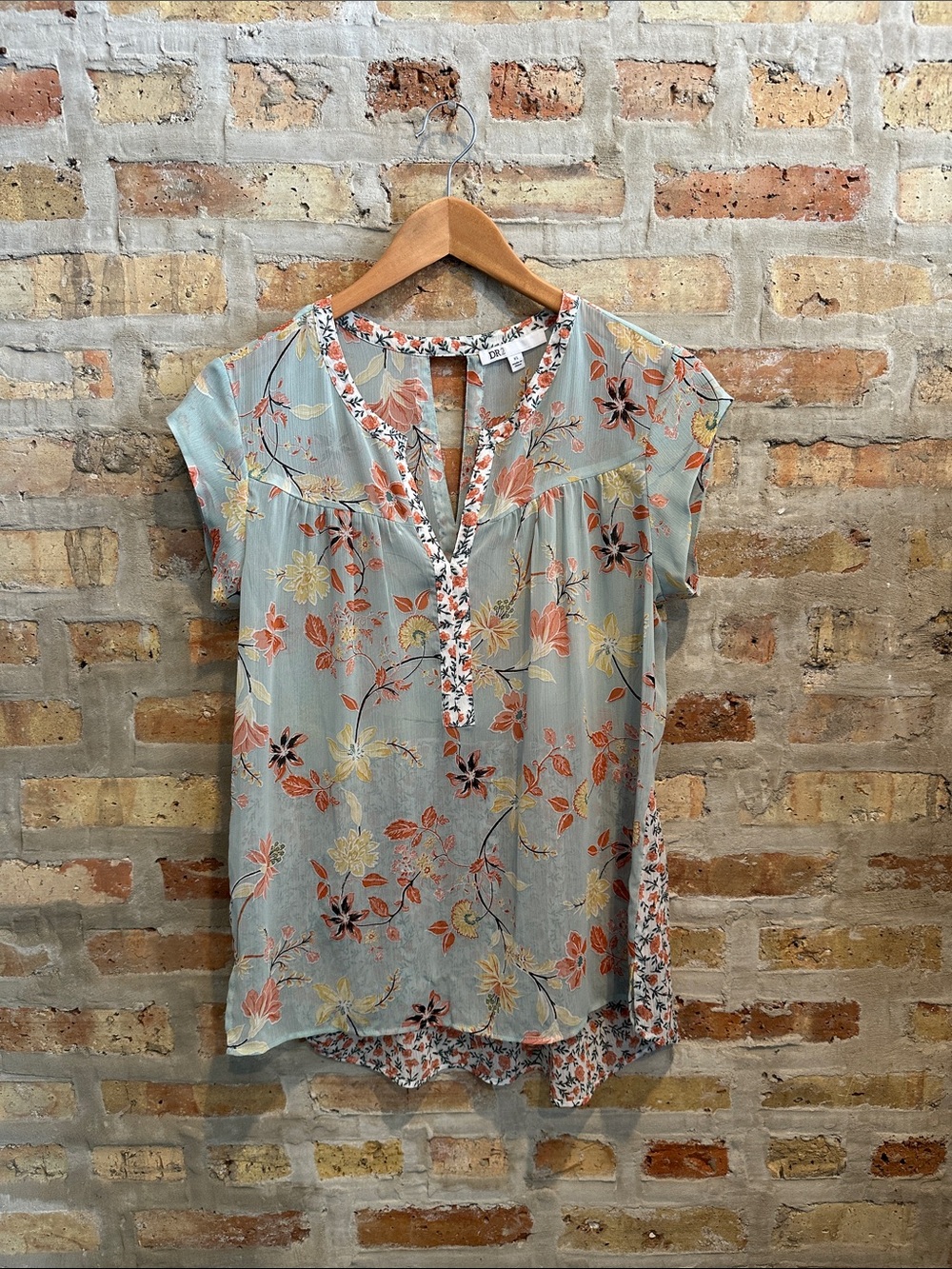 DR2 Floral Sheer  Cap-Sleeve V-Neck Top in Light Blue